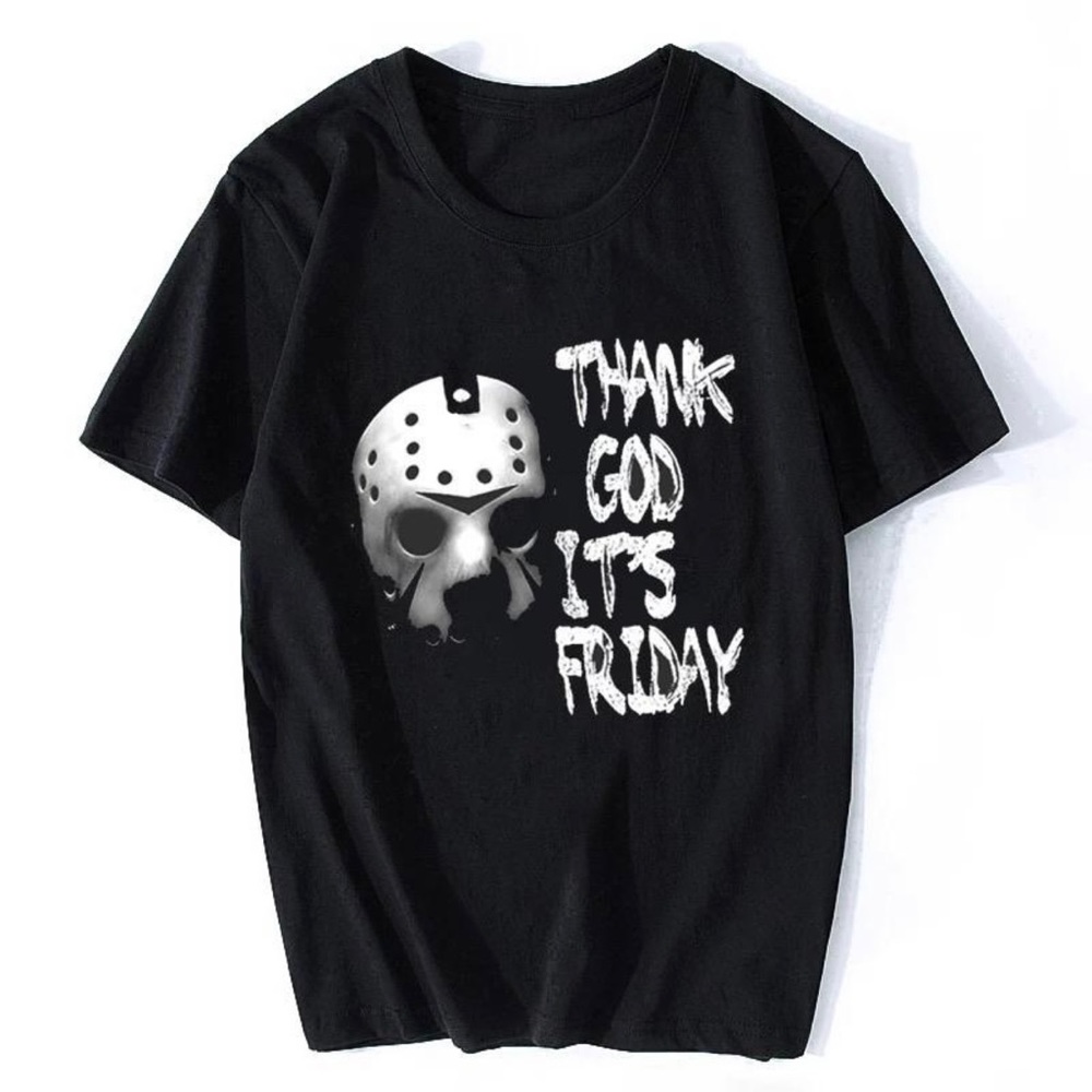 Unisex Black Halloween “Thank God It’s Friday” unisex T-Shirt.